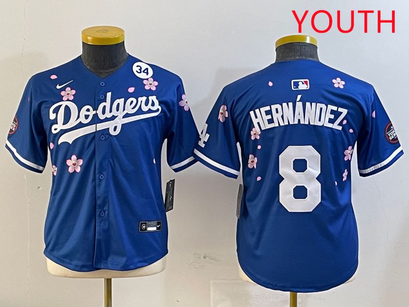 Youth Los Angeles Dodgers 8 Hernandez Blue Sakura Edition 2025 Nike MLB Jersey style 6